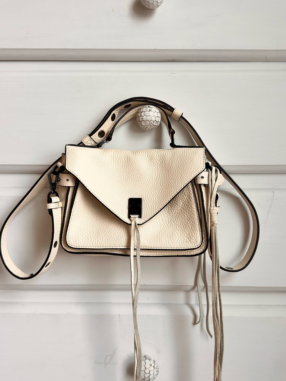 Rebecca Minkoff Cream Pebble Leather Crossbody Satchel with Tassels